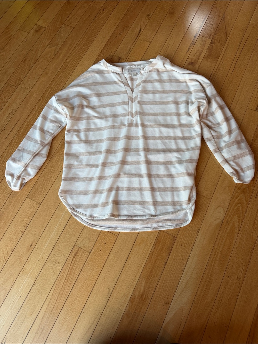 Cupio Cream and Beige Striped Long Sleeve Henley Top